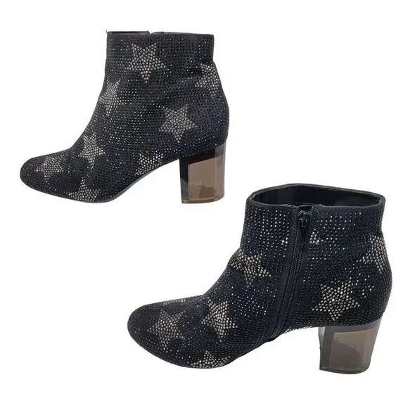 INC Floriann5 Ankle Booties 10 Black Sparkle‎ Silver Star Chunky Heel Holiday - Picture 7 of 11